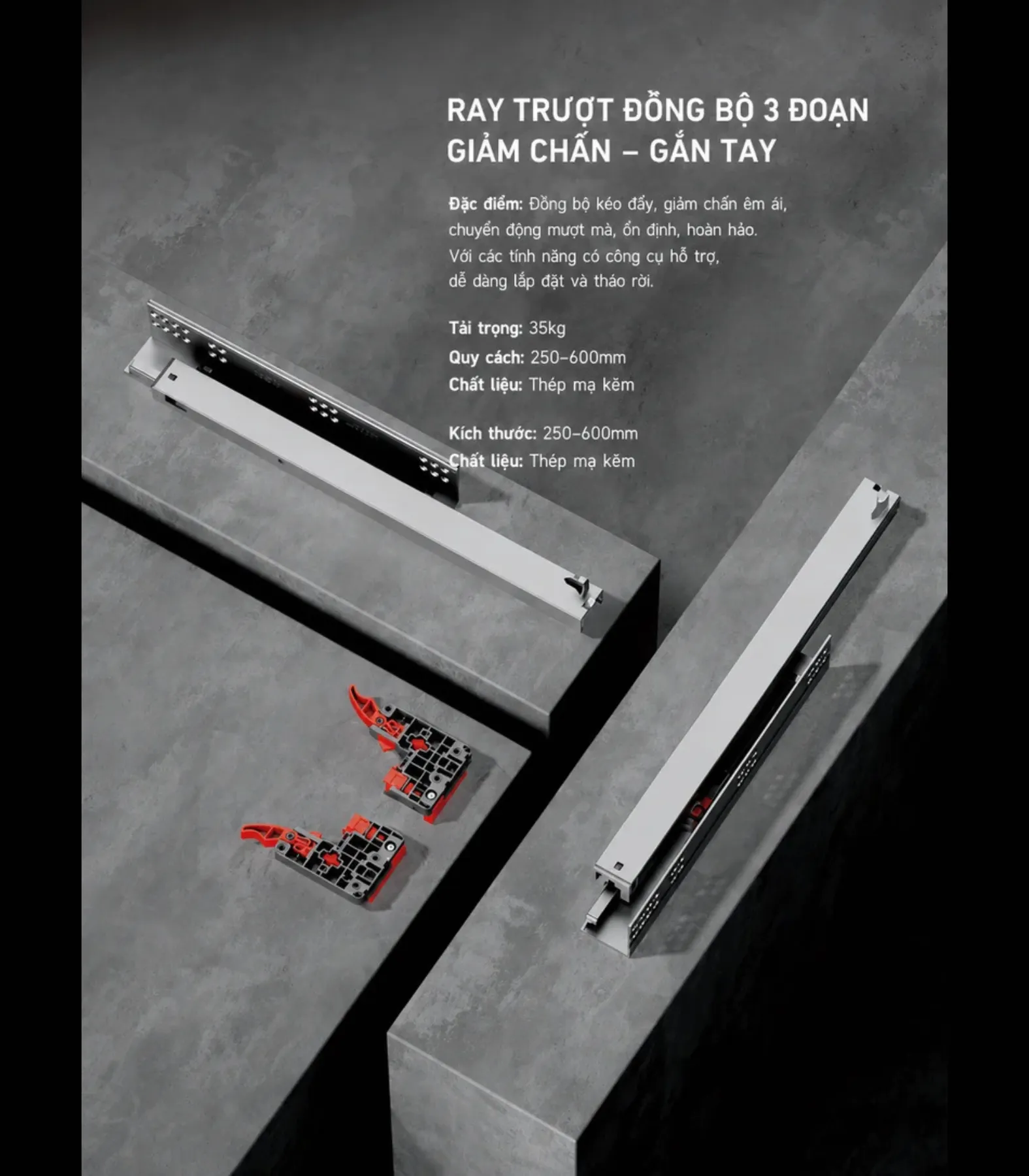 RAY TRƯỢT ĐỒNG BỘ 3 ĐOẠN GIẢM CHẤN - GẮN TAY